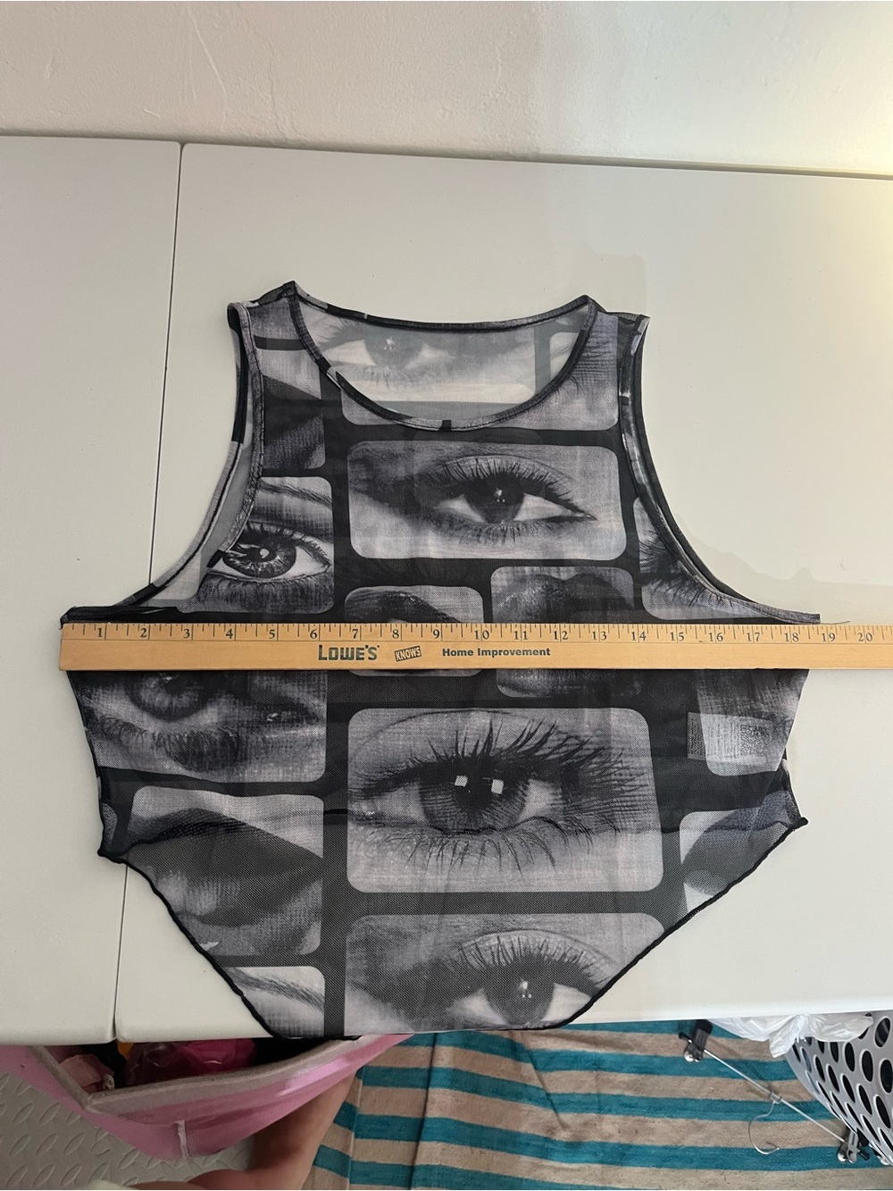 New Eyes Lips Mesh Patchwork Sleeveless Asymmetrical Handkerchief Crop Top XL - Picture 4 of 12
